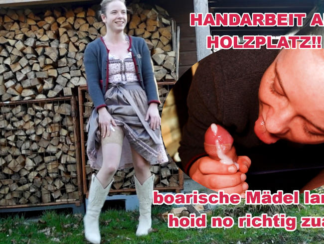 Mia_Adler zeigt sich im knappen Dirndl am Holzlager