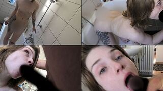 Little-Desiree bläst den Schwanz vor der Arbeit